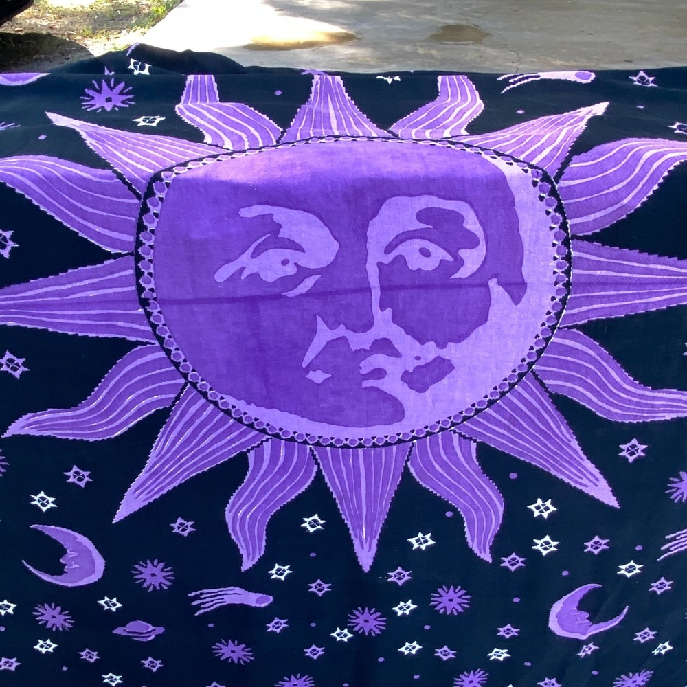 Celestial Sun Moon Tapestry Black Purple Cotton Wall Hanging Solstice 91x79